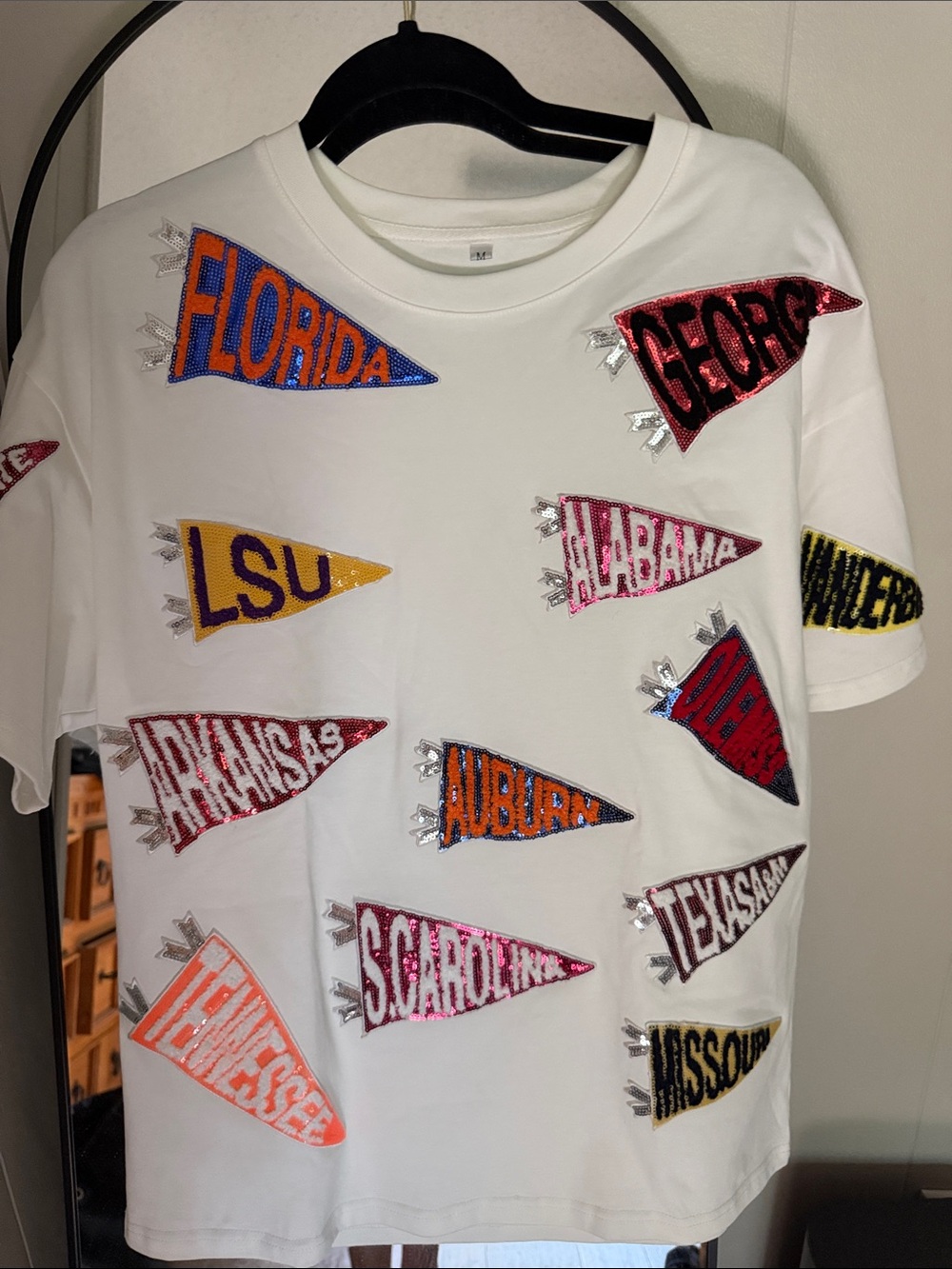 Embellished White Short Sleeve Tee Collegiate Pennant SEC LSU MISS BAMA AUB GA